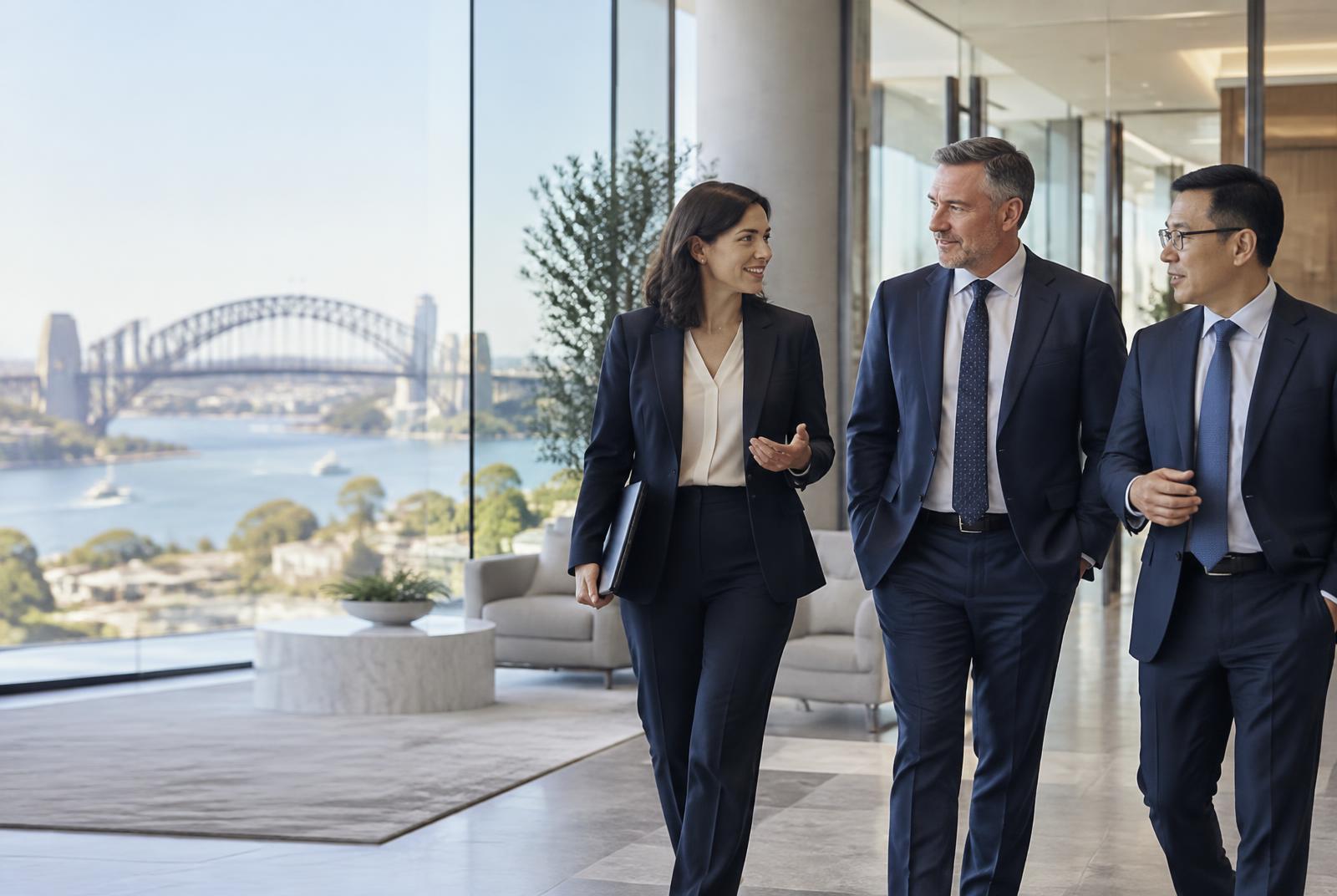Senior business leaders in conversation overlooking Sydney Harbour